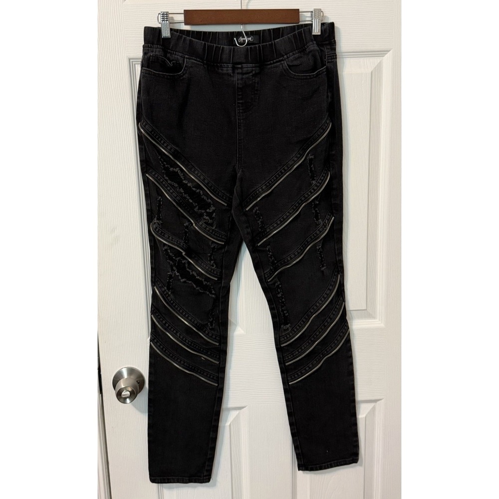 Spoon Jeans Pull On Black Goth Grunge Punk Zippers Accents Straight Leg Size 6